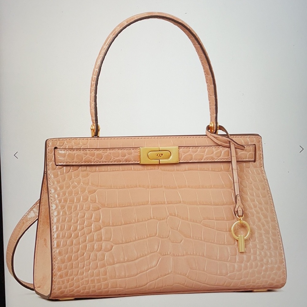 Tory Burch Croc-Embossed Satchel in Blush Pink with Gold Hardware